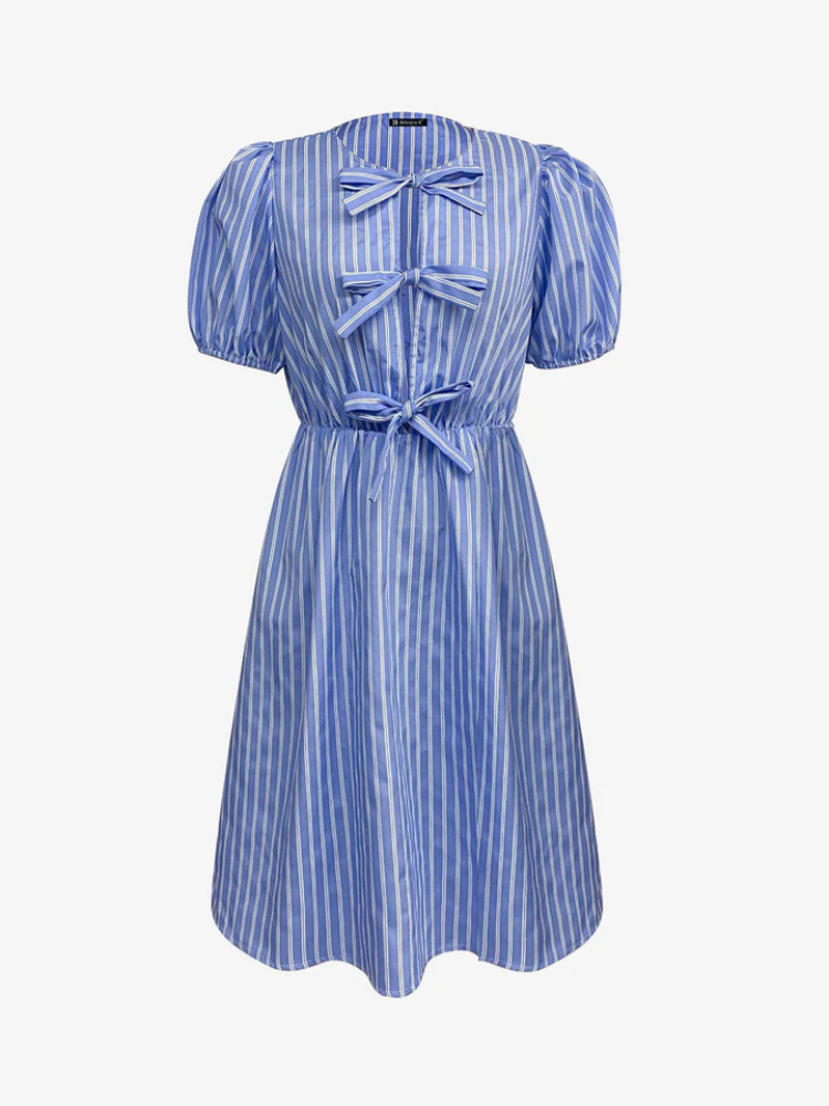 Juliette | Women’s Midi Dress | Striped Bow A-Line Round Neck