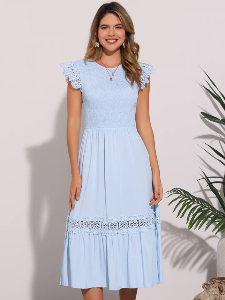 Jasmine | Women’s Dress | Lace Trim Smocked Ruffle Cap Sleeve Beach Flowy
