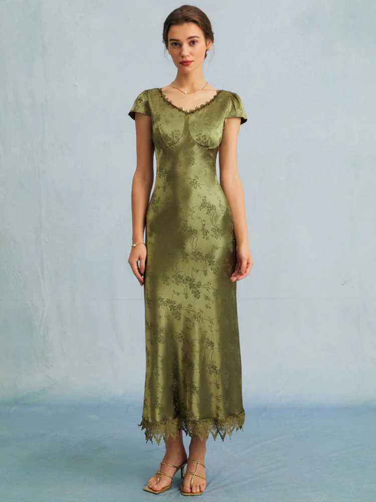 Verena | Women’s Midi Dress | Jacquard Satin Cap Sleeve Elegant