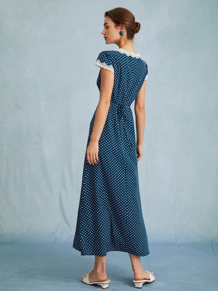 Celestine | Women’s Maxi Dress | Polka Dot Lace Ruched V-Neck