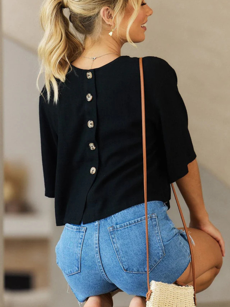 Ximena | Women’s Top | Black Linen-Blend Tailored Fit