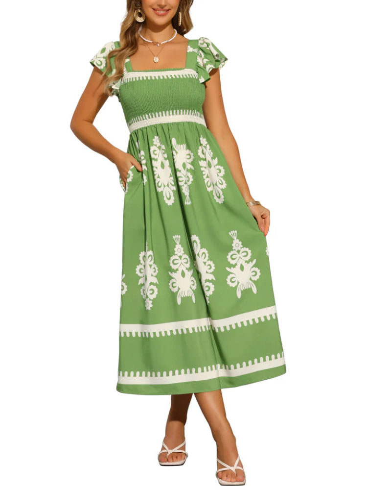 Lauren | Women’s Midi Dress | Smocked Square Neck Flutter Sleeve Pocketed