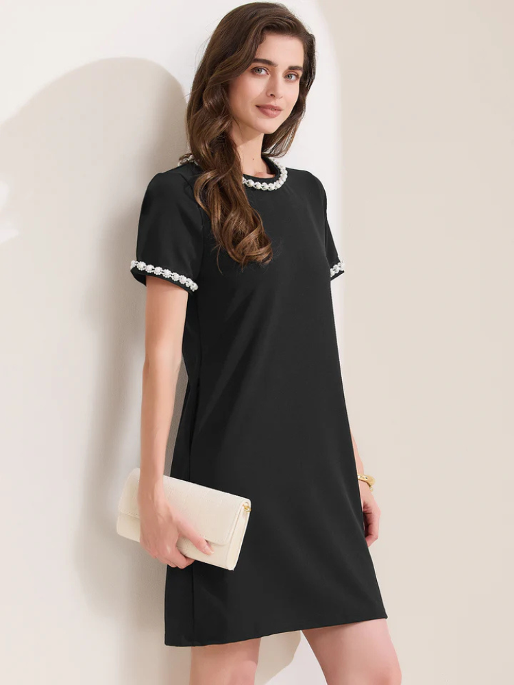 Dahlina | Women’s Dress | Faux Pearl Pocketed Crew Neck Short Sleeve