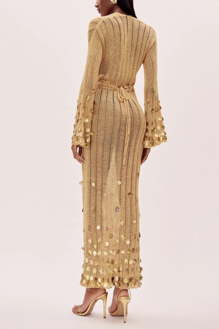 Gold Sequin Maxi Dress | Deep V-Neck | Elegant & Sparkling