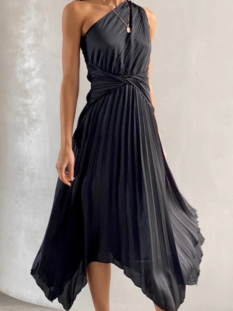 Cali | Women’s Midi Dress | One Shoulder Pleated Asymmetrical Fit