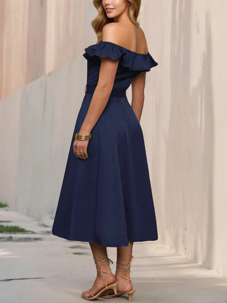 Elisette | Women’s A-Line Dress | Off Shoulder Belted Button Down