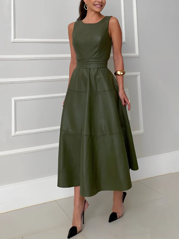 Renata | Women’s Midi Dress | PU Leather Sleeveless Tiered A-Line