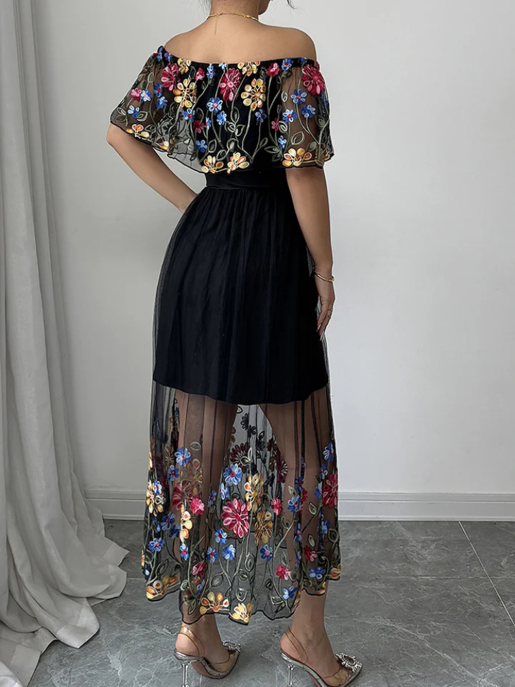 Isolde | Women’s Midi Dress | Floral Embroidered Mesh Off Shoulder