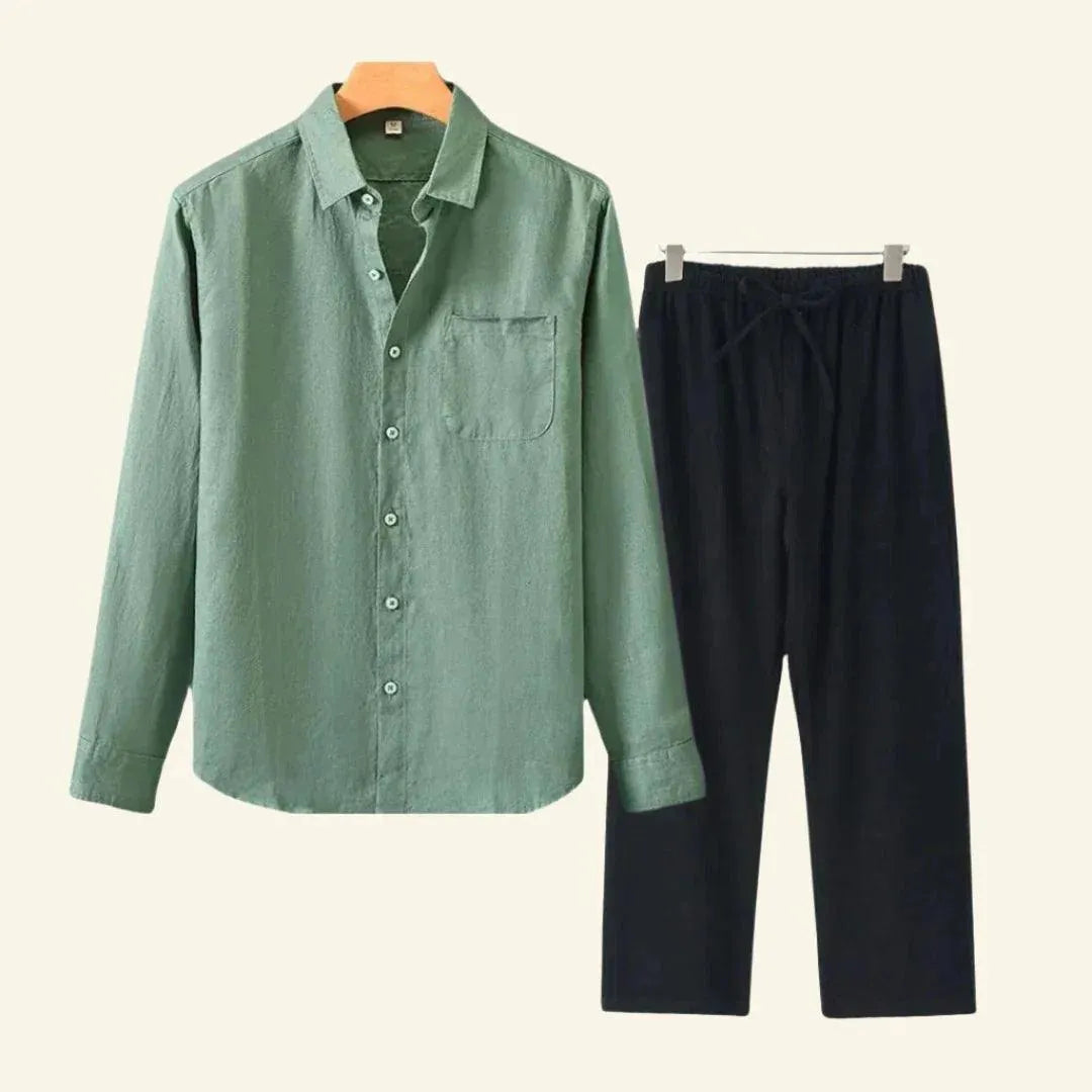 Two-piece men's set – long-sleeved blouse and fitted trousers