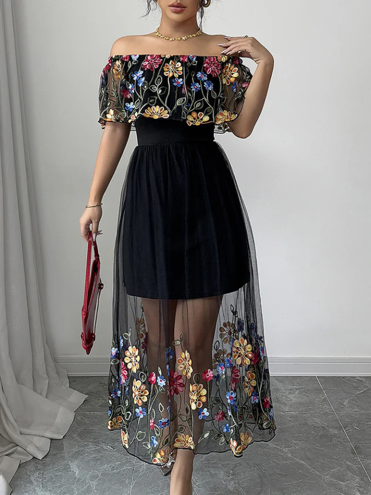 Isolde | Women’s Midi Dress | Floral Embroidered Mesh Off Shoulder