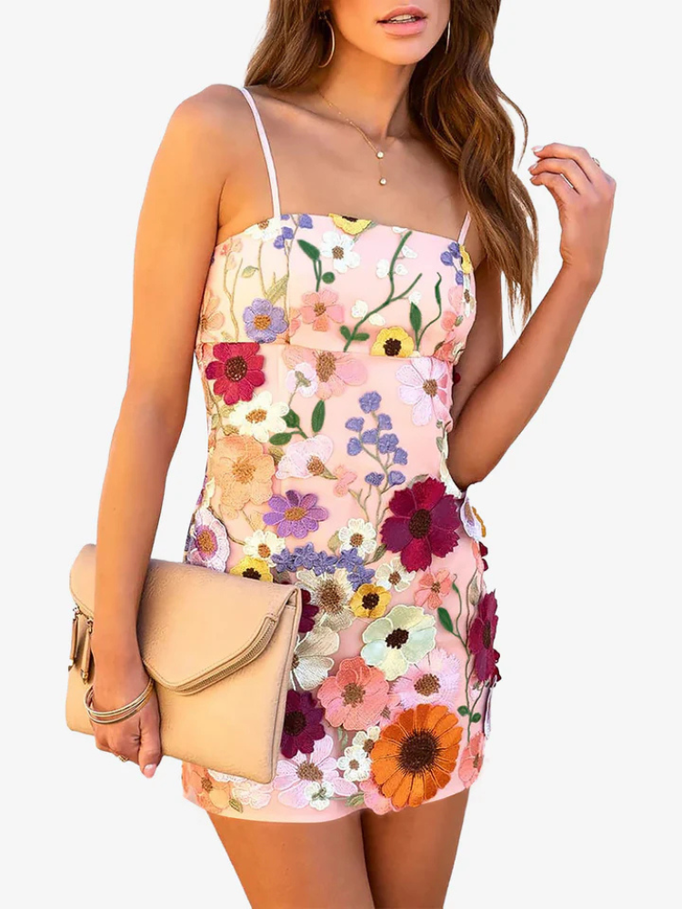 Lilienne | Women’s Mini Dress | Floral Embroidered Spaghetti Strap