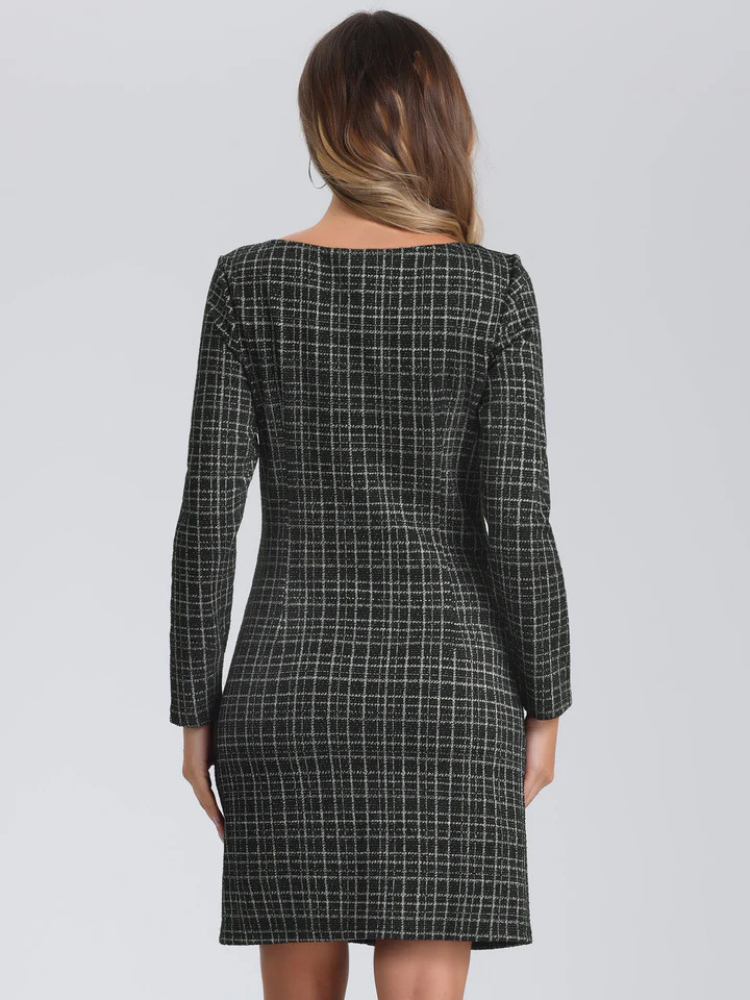 Cambria | Women’s Dress | Tweed Plaid Long Sleeve Square Neck Knee Length