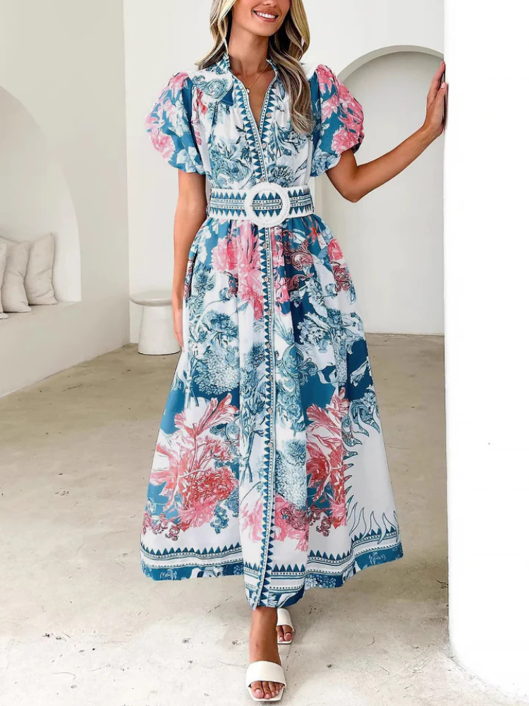 Annalise | Women’s Maxi Dress | Floral Puff Sleeve Button Down Belted
