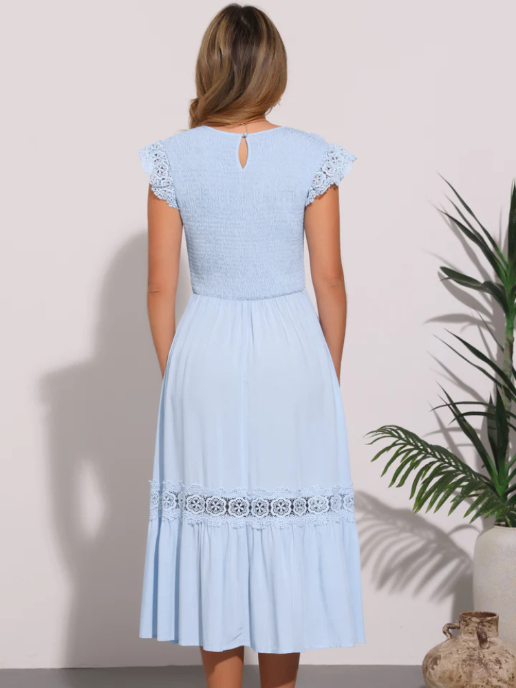 Jasmine | Women’s Dress | Lace Trim Smocked Ruffle Cap Sleeve Beach Flowy