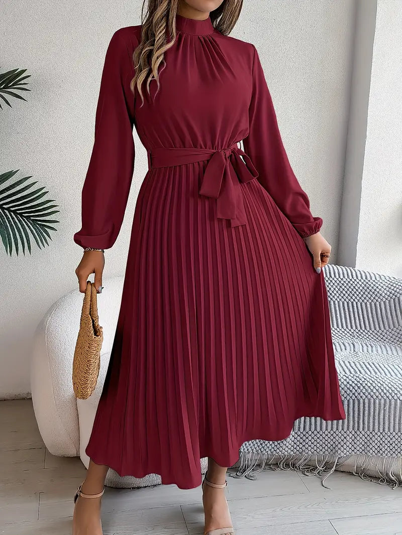 Women’s Pleated Midi Dress – Adjustable Belted Waist