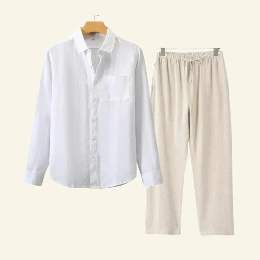 Two-piece men's set – long-sleeved blouse and fitted trousers