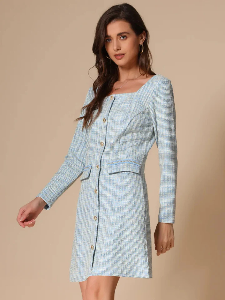 Cambria | Women’s Dress | Tweed Plaid Long Sleeve Square Neck Knee Length
