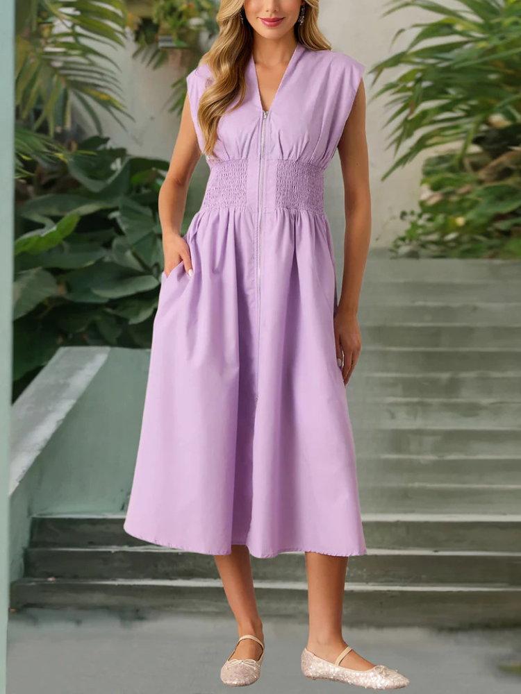 Verena | Women’s Midi Dress | V-Neck Cap Sleeve Zipper Slit