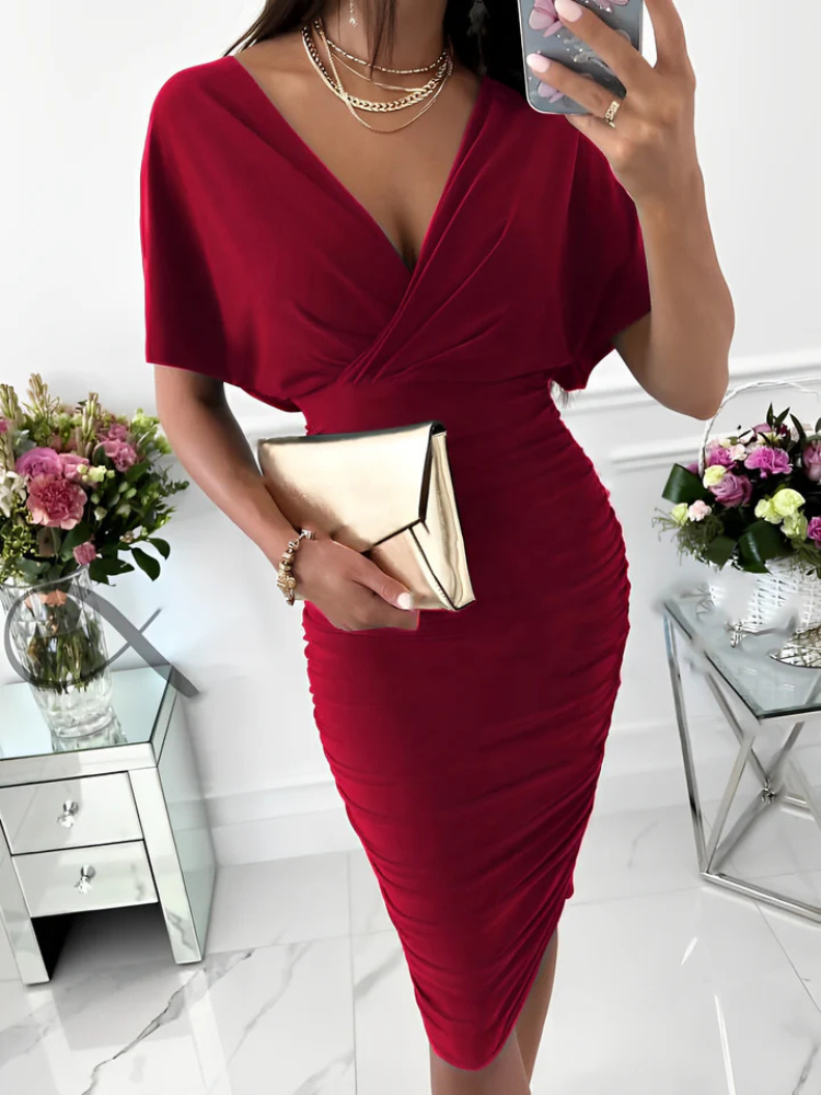 Dahlia | Women’s Midi Dress | V-Neck Ruched Bodycon Short Sleeve