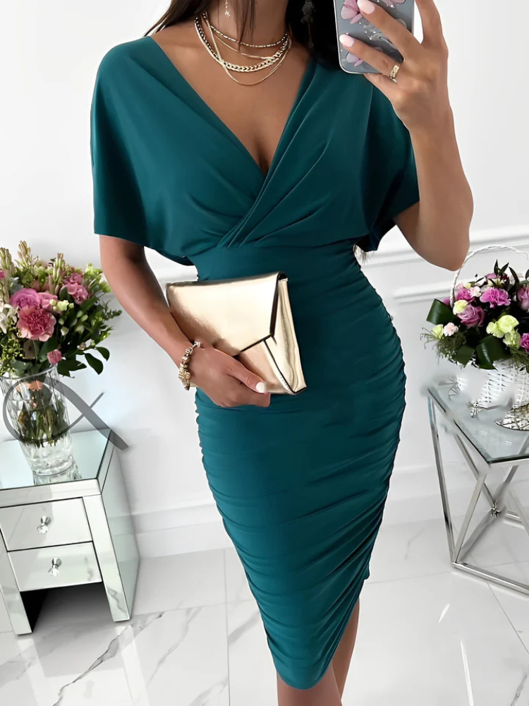 Dahlia | Women’s Midi Dress | V-Neck Ruched Bodycon Short Sleeve