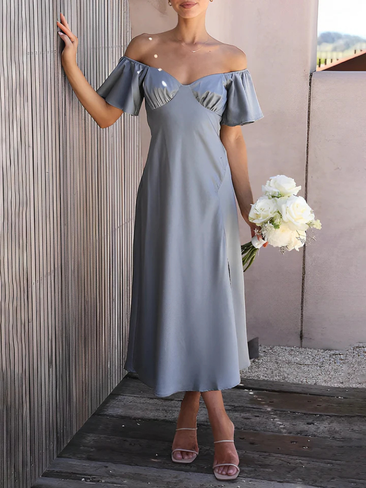 Evalisse | Women’s Midi Dress | Satin Off Shoulder Ruffled Slit Wedding