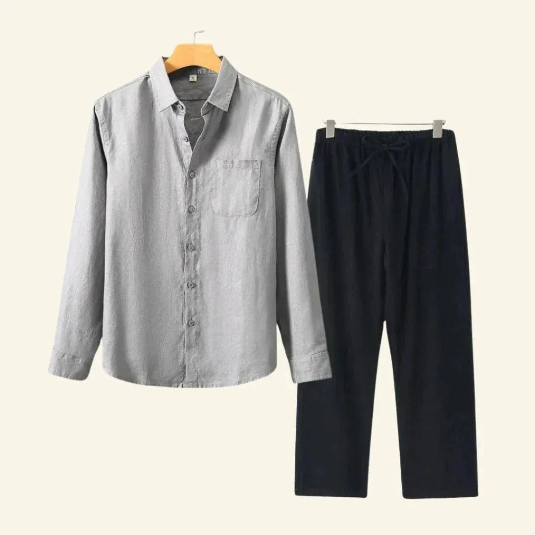 Two-piece men's set – long-sleeved blouse and fitted trousers