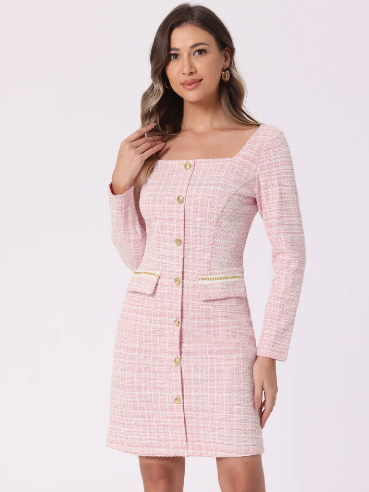 Cambria | Women’s Dress | Tweed Plaid Long Sleeve Square Neck Knee Length