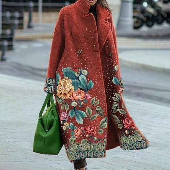 Women’s Long Coat - Lapel Collar Outerwear Button Closure