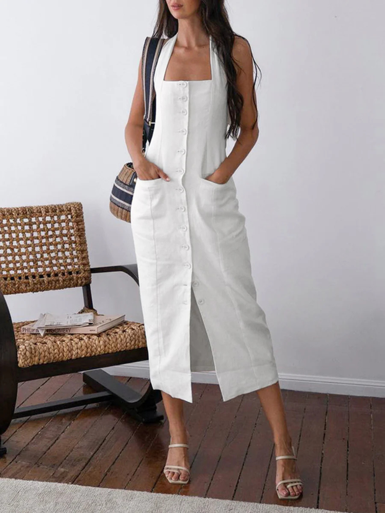 Alinae | Women’s Midi Dress | Open Back Cotton-Linen Flow