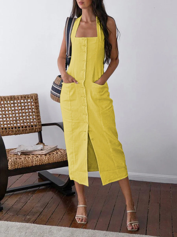 Alinae | Women’s Midi Dress | Open Back Cotton-Linen Flow
