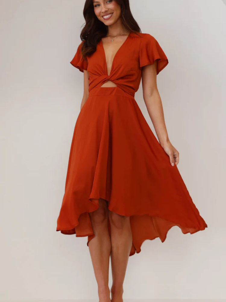 Bethany | Women’s Dress | Satin High-Low Butterfly Sleeve Fit