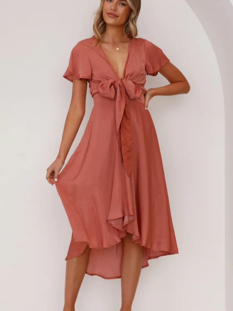 Bethany | Women’s Dress | Satin High-Low Butterfly Sleeve Fit