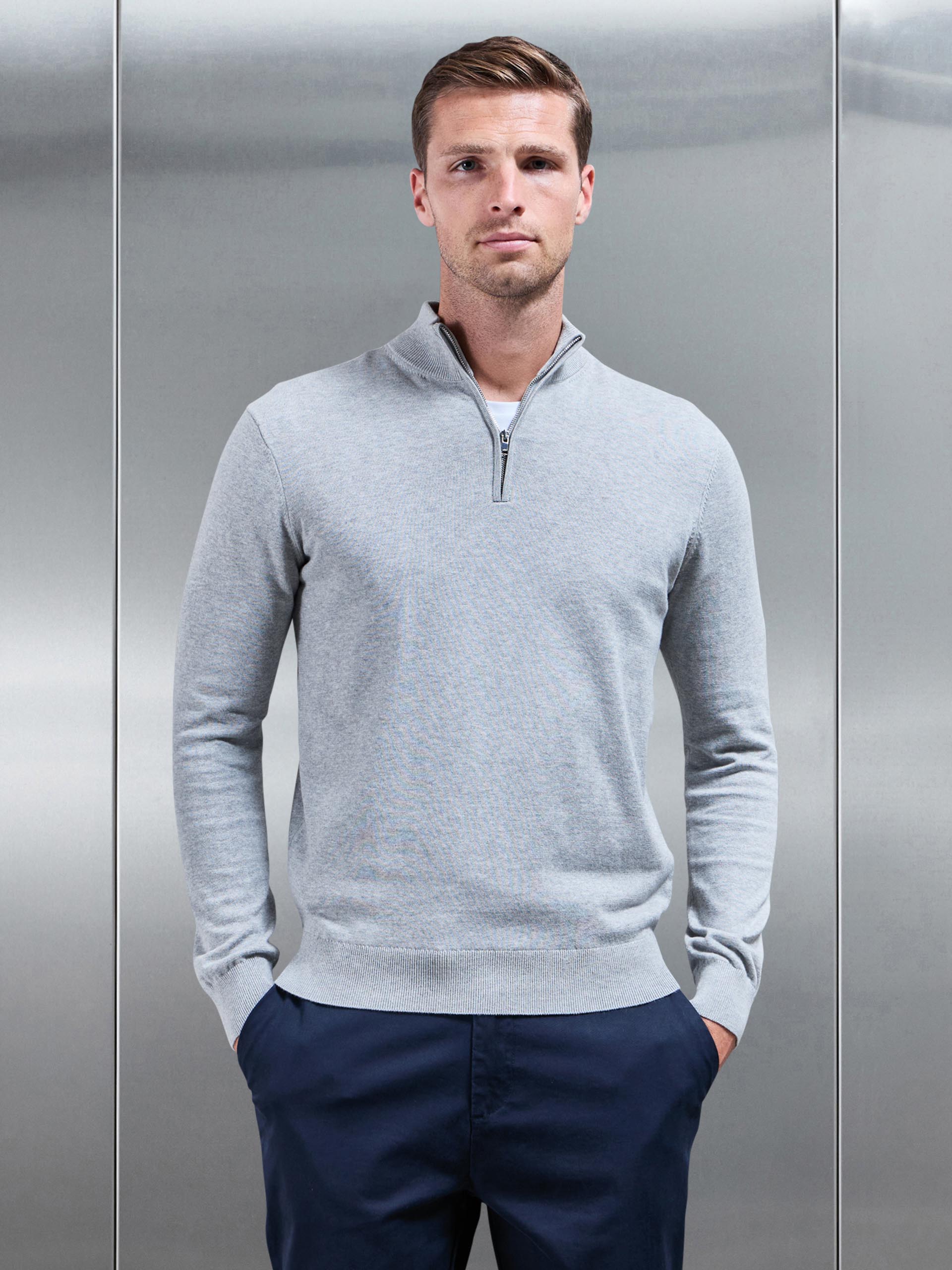 Men’s Knitted Half Zip Jumper - Funnel Neck in Marl Gray