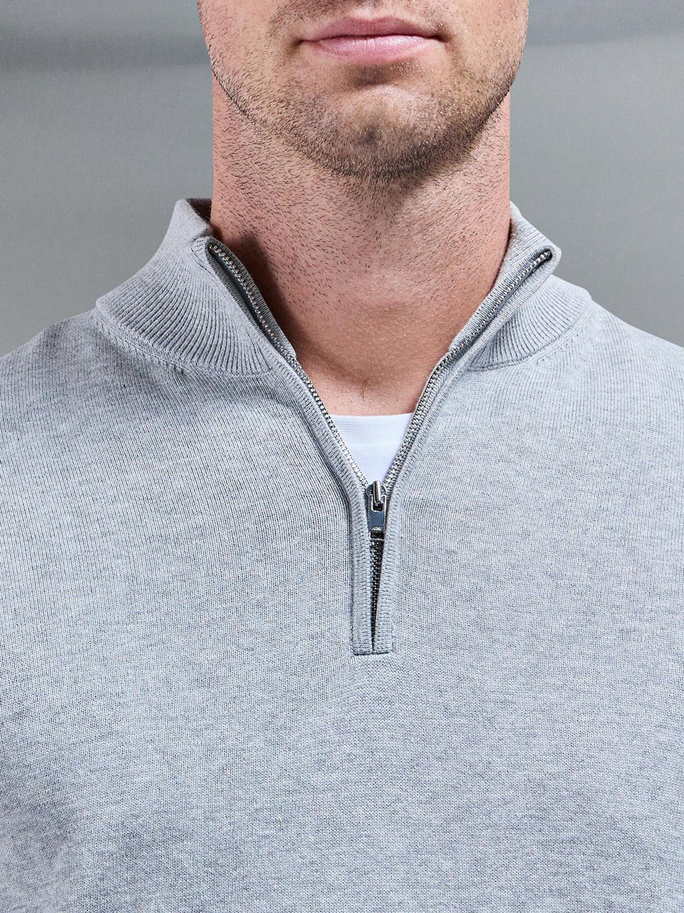 Men’s Knitted Half Zip Jumper - Funnel Neck in Marl Gray