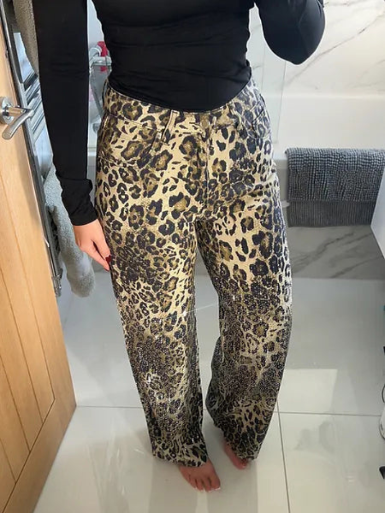 Caroline | Women’s Flared Jeans | Leopard Diamanté Detail