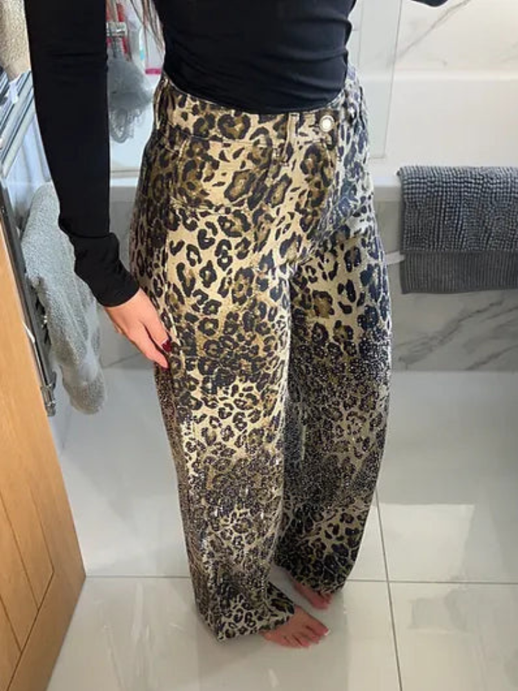 Caroline | Women’s Flared Jeans | Leopard Diamanté Detail