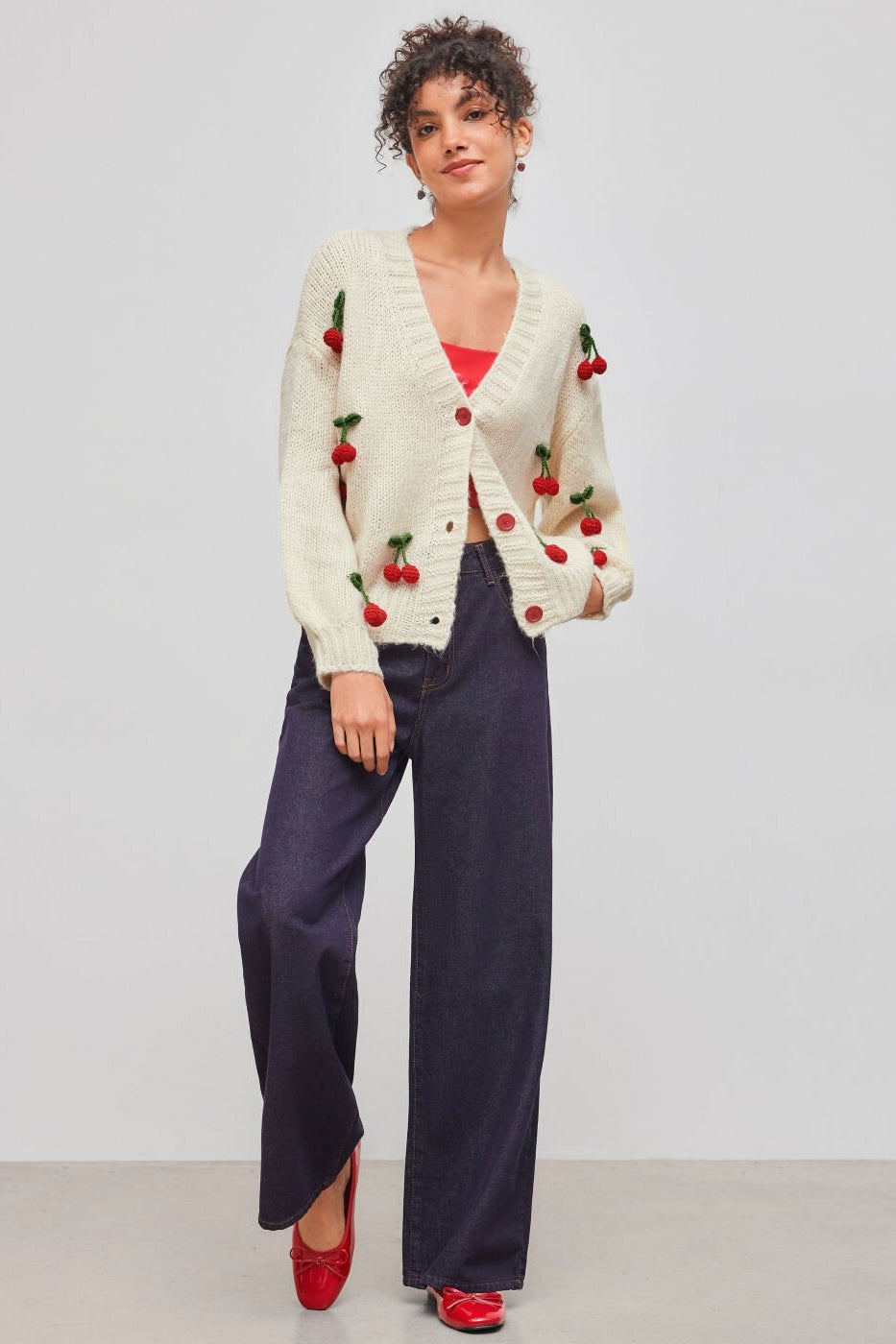 Cherry Embroidered Cardigan | V-Neck | Soft & Playful