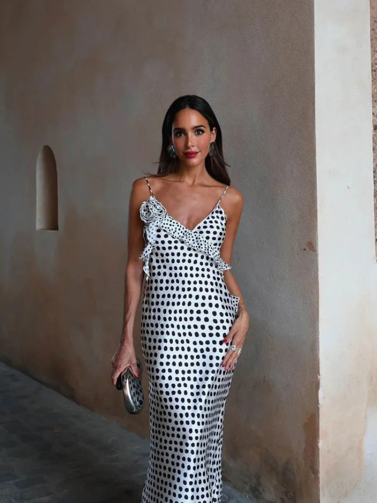 Colette | Women’s Polka Dot Maxi Dress | Ruffled & Suspender Style