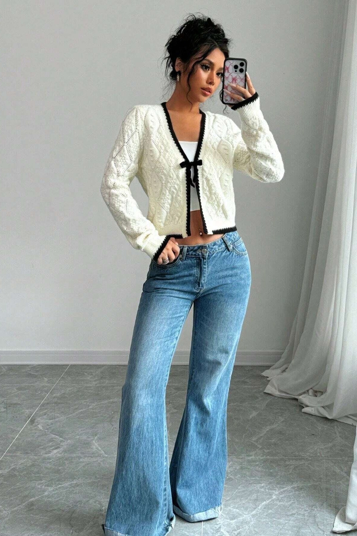 Cropped Knit Cardigan | Contrast Tie Front | Elegant & Cozy