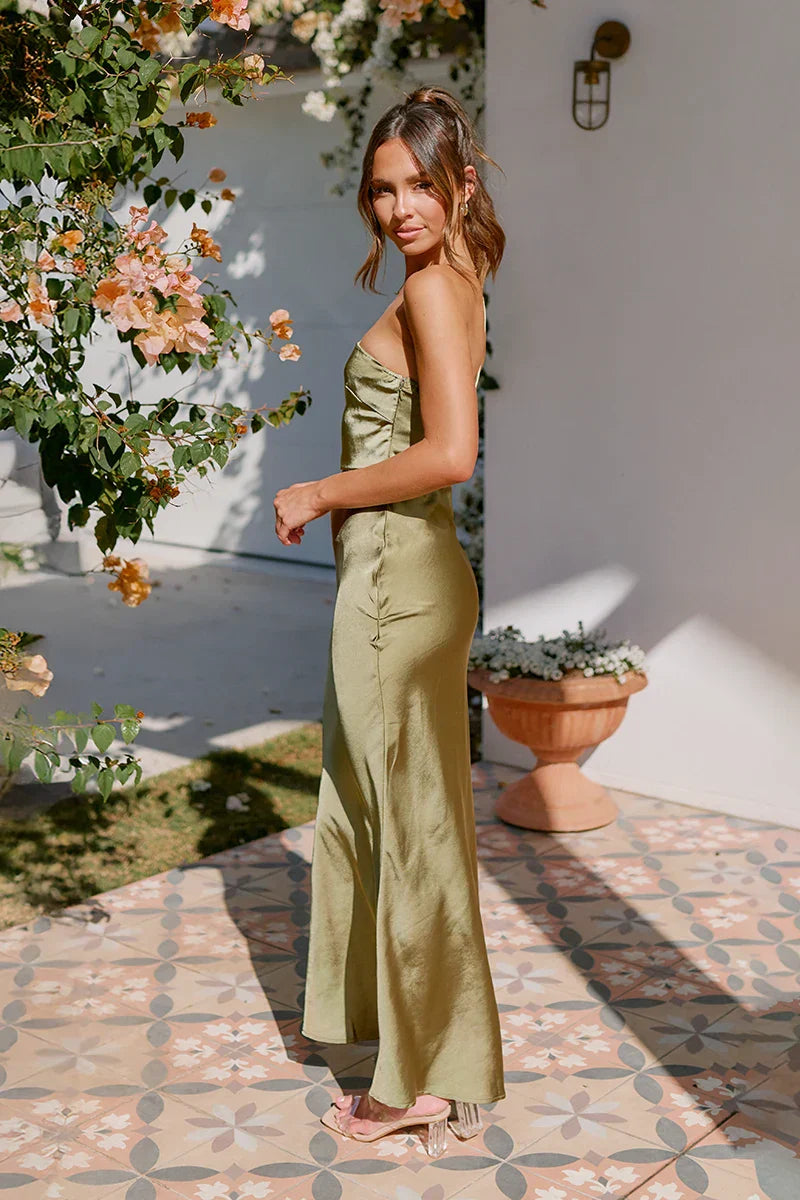 Strapless Satin Maxi Dress | Green | Elegant & Timeless