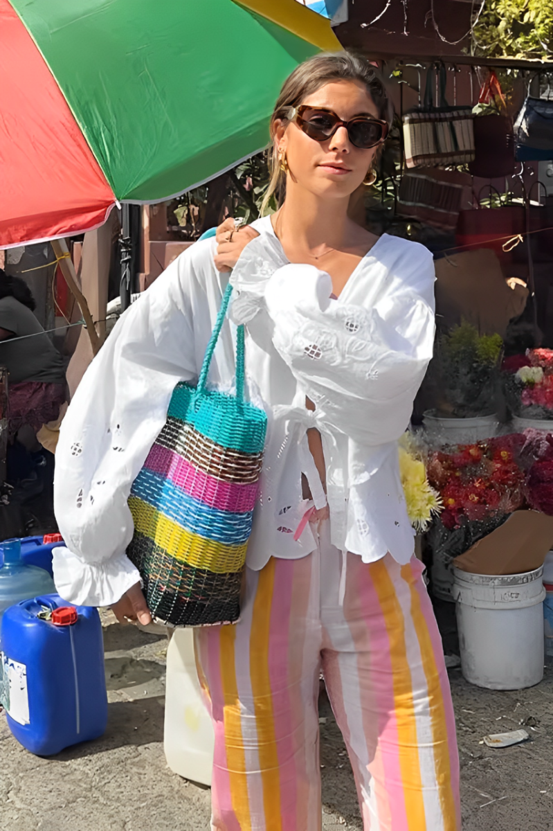 Embroidered Cotton Blouse | Tie-Front & Balloon Sleeves | Boho-Chic