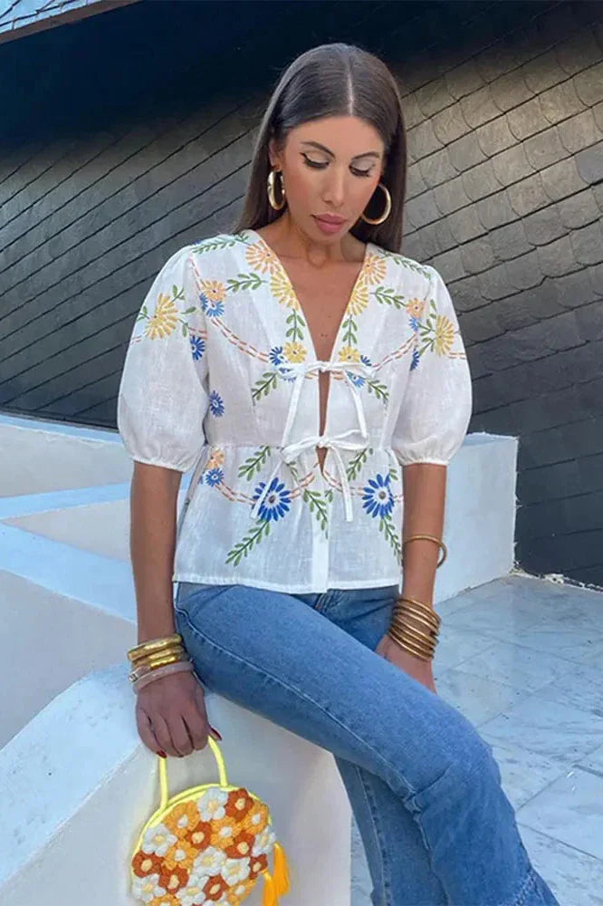 Embroidered Peplum Blouse | Floral & Feminine | Tie-Front Design