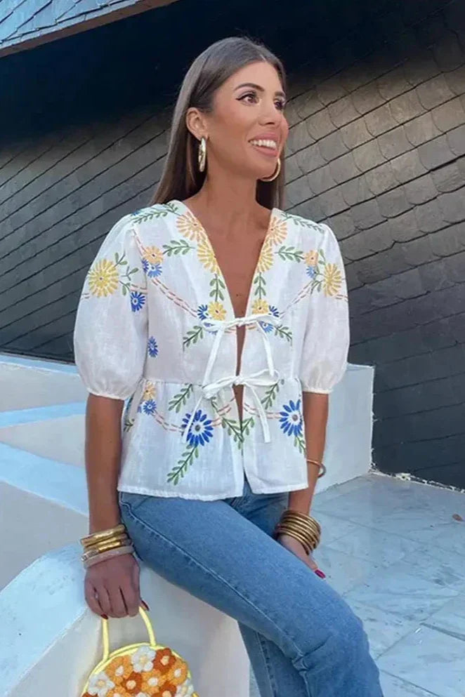 Embroidered Peplum Blouse | Floral & Feminine | Tie-Front Design