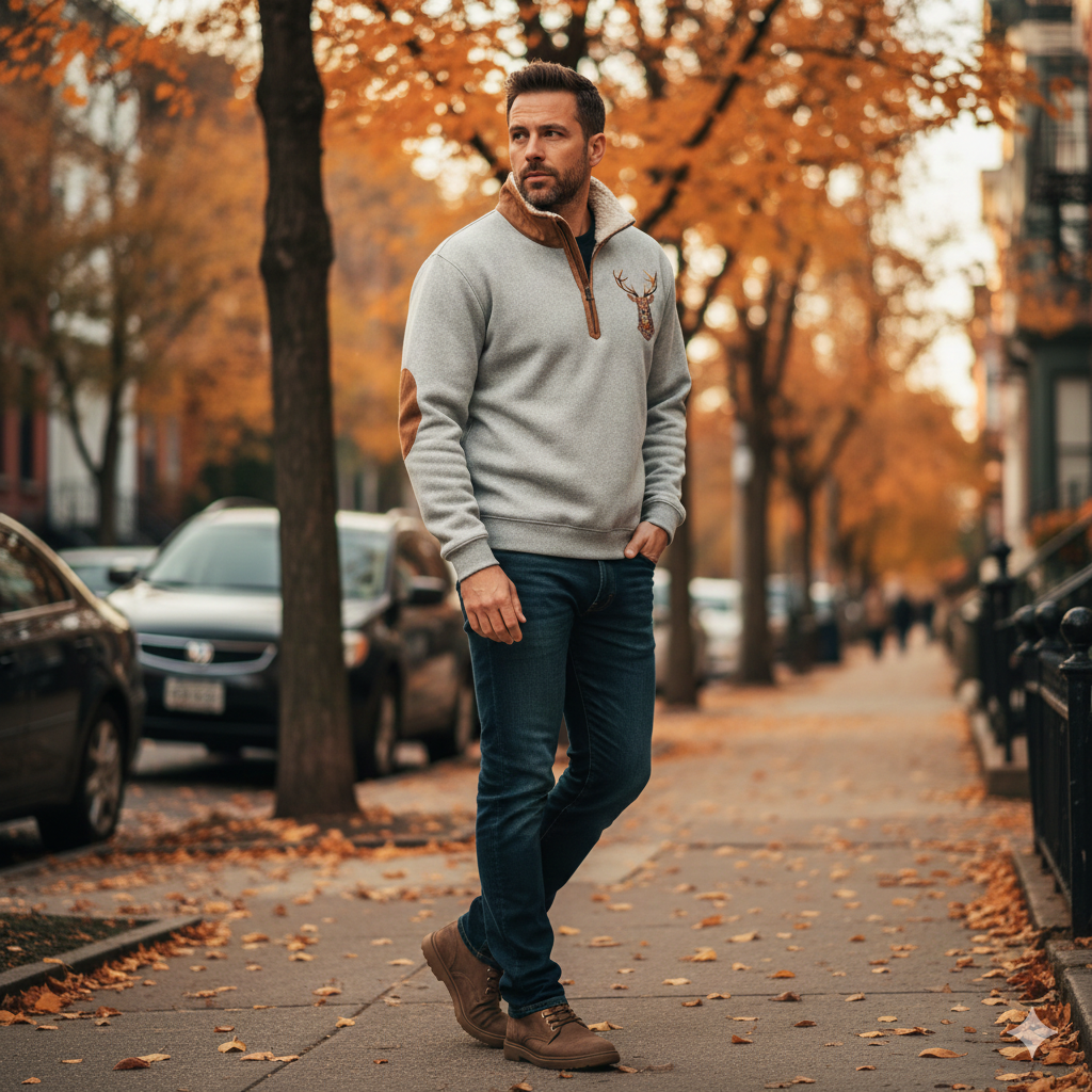 Men's Sweater with Deer Detail | Half Zip