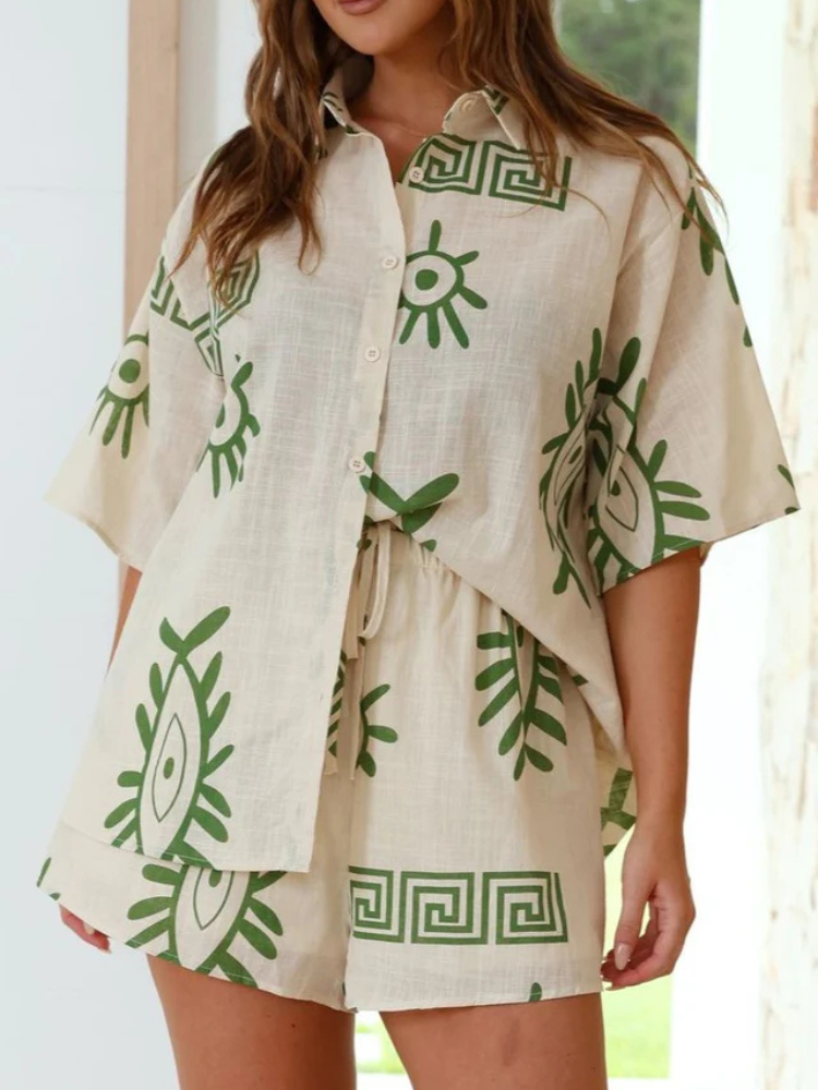 Genesis | Women’s Set | Button-Up Shirt & Shorts in Beige/Green Aztec