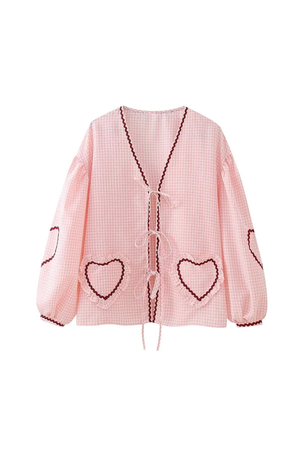 Gingham Blouse | Embroidered Heart Sleeves | Playful & Feminine