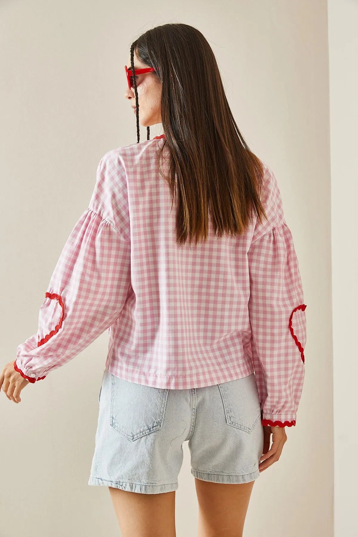 Gingham Blouse | Embroidered Heart Sleeves | Playful & Feminine