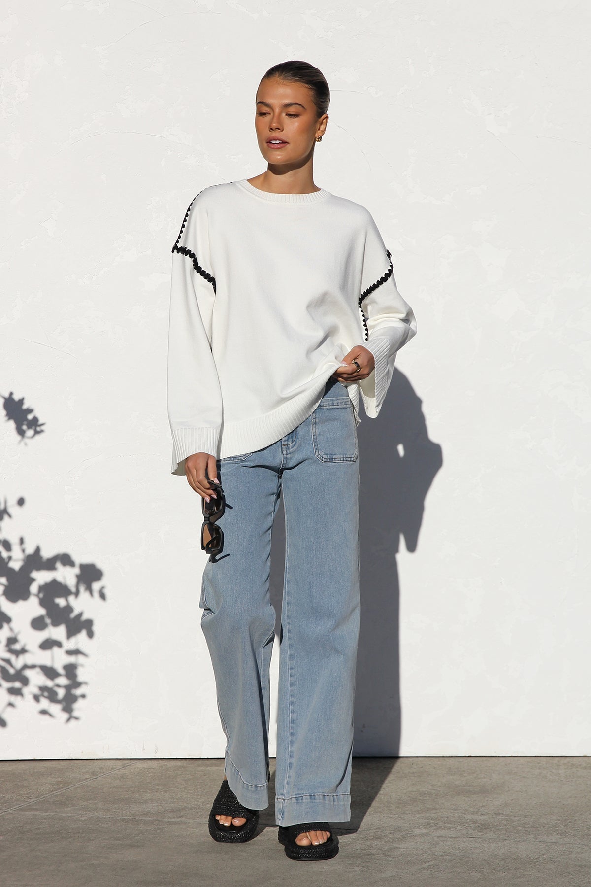 Oversized Contrast Stitch Sweater | Bell Sleeves | Modern & Chic