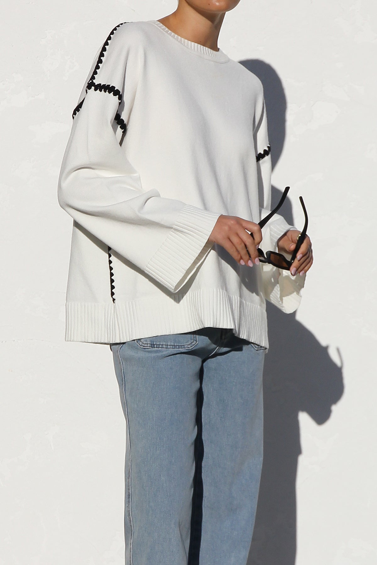Oversized Contrast Stitch Sweater | Bell Sleeves | Modern & Chic