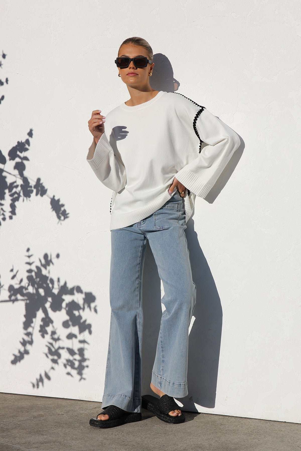 Oversized Contrast Stitch Sweater | Bell Sleeves | Modern & Chic